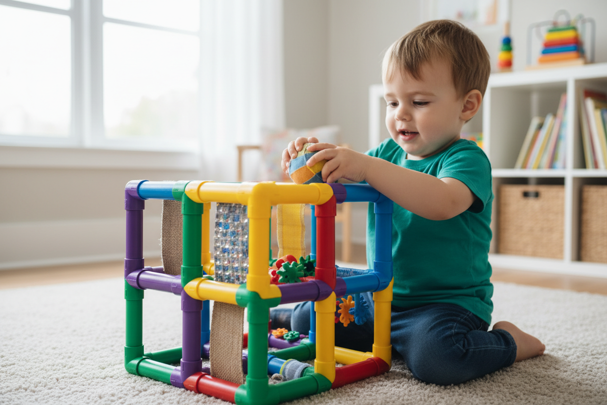 niño jugando con cubo sensorial de tubos de pvc